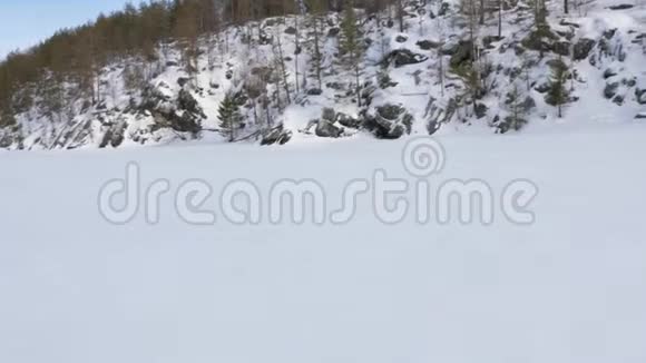 山脚下覆盖着漆黑的冬林近景视频的预览图