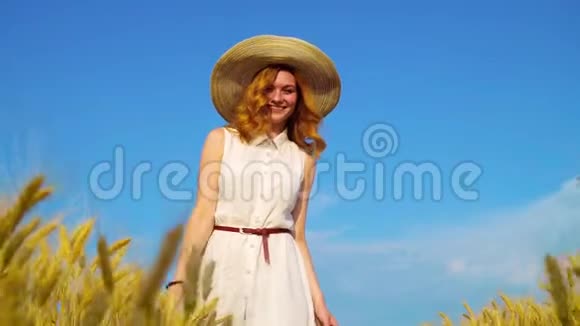 夏天穿着白色裙子走在麦田里的红头发女孩视频的预览图