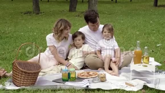 一家人在阳光明媚的夏日野餐的画像视频的预览图
