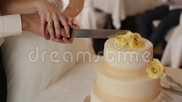 新娘手臂切婚礼蛋糕视频的预览图