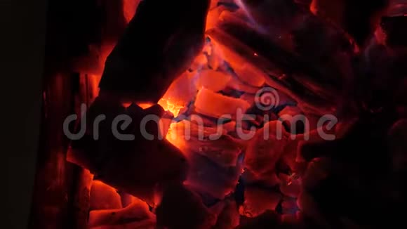 闪耀着鲜红的火煤燃烧着明亮的光芒篝火热柴火正烧红蓝火特写视频的预览图