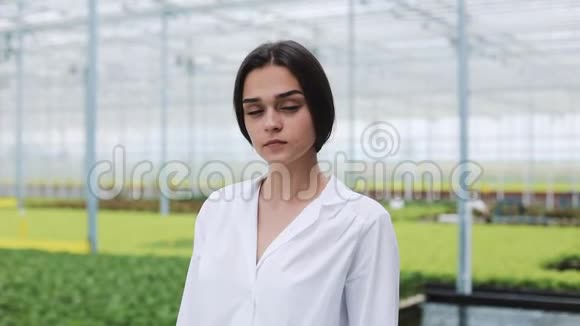 温室里的农业工程师穿着白色外套双臂交叉地看着镜头微笑的肖像视频的预览图