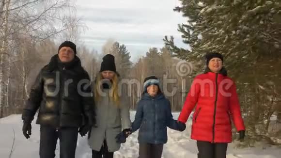 在寒冷的冬日友好的家庭牵着手在雪林中散步视频的预览图