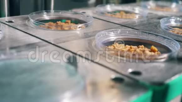 食品工厂机器将箔盖放在装有烤面包的塑料容器上视频的预览图