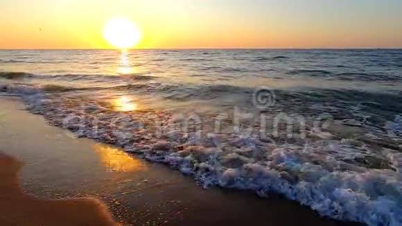 海水泡沫波潮湿的沙滩和黎明日出的小径视频的预览图