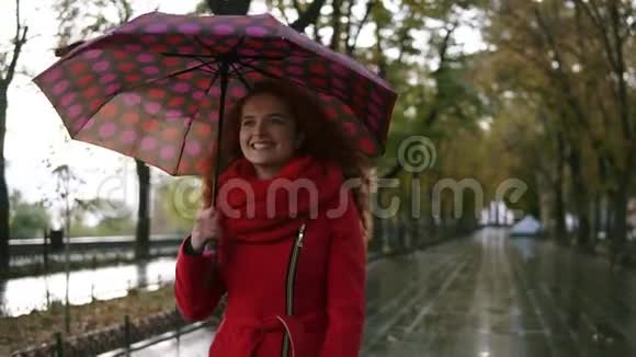 一个红头美女带着雨伞在雨中行走的肖像漂亮快乐的女人穿着带伞的红色外套视频的预览图