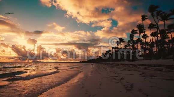 蓬塔卡纳多米尼加海滩上美丽的热带日出视频的预览图