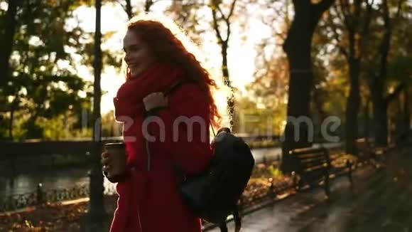 女人在公园长椅上看书闲暇时间在秋天公园可爱的红发女人穿着红色外套坐在视频的预览图