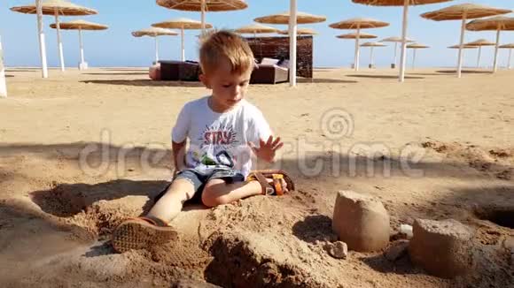 4k视频可爱的幼儿男孩在阳光明媚的风日在海滩上玩耍视频的预览图
