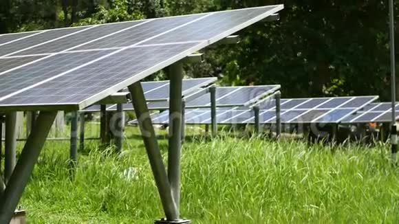 阳光明媚的日子太阳能电池板覆盖草地草坪上的一排替代发电厂产生生态能源养护视频的预览图