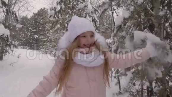 女孩从松树树枝上打雪视频的预览图