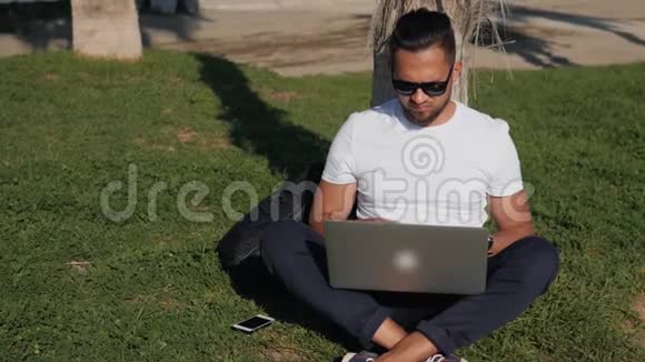 年轻的留胡子男子t恤戴着眼镜坐在公园的草地上手里拿着笔记本电脑写着旅游信息视频的预览图