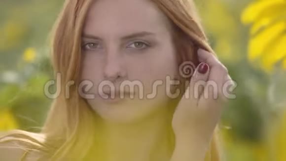 一幅充满自信的性感女孩的特写肖像红色的头发和绿色的眼睛站在向日葵田野上看着镜头视频的预览图