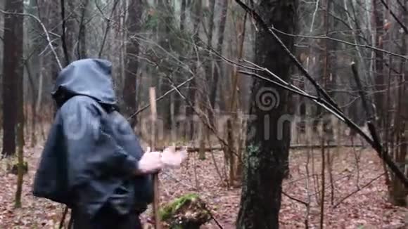 一个穿着黑色长袍的和尚带着一个杖穿过森林一个穿着的游荡的德鲁伊穿过丛林视频的预览图