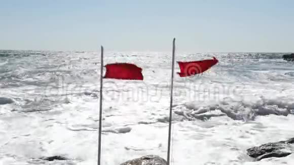 两面沙滩警示红旗迎风飘扬视频的预览图