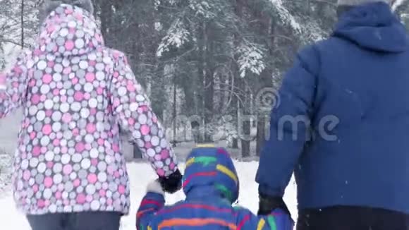 幸福的一家人在公园里的一个下雪的冬天跑步休闲旅游和户外游戏家庭关系和儿童视频的预览图