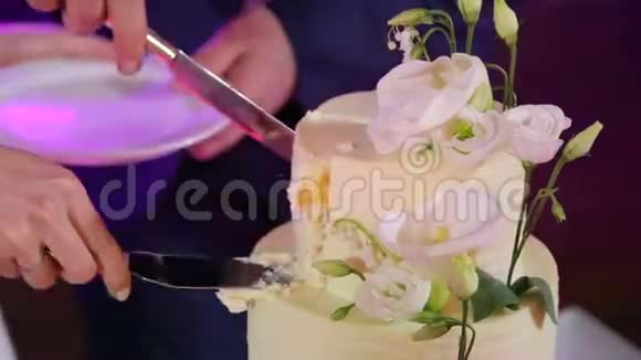 新郎新娘切婚礼蛋糕的特写视频的预览图