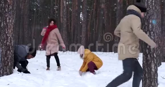 在冬天的森林里扔雪球玩得开心视频的预览图