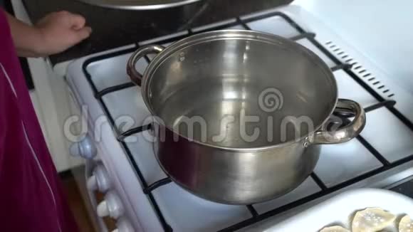 厨房里的一个女人在煤气灶旁边的一个锅里煮饺子视频的预览图