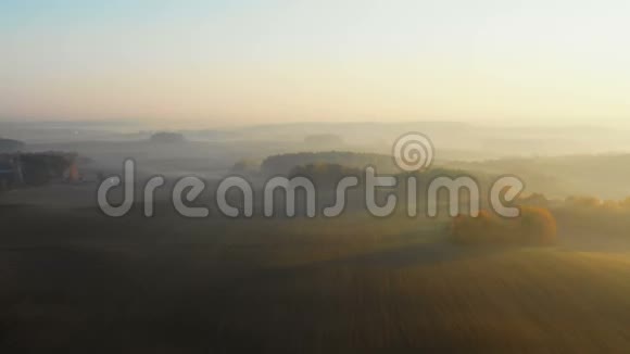 无人机飞越大片神秘的田野和覆盖着夕阳薄雾的秋天森林斑块朝清澈的雾状天际线飞去视频的预览图