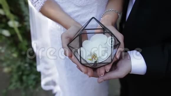 一对夫妇把结婚戒指放在多边形玻璃盒子里视频的预览图
