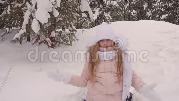 冬雪少女在针叶林背景下快乐少女视频的预览图