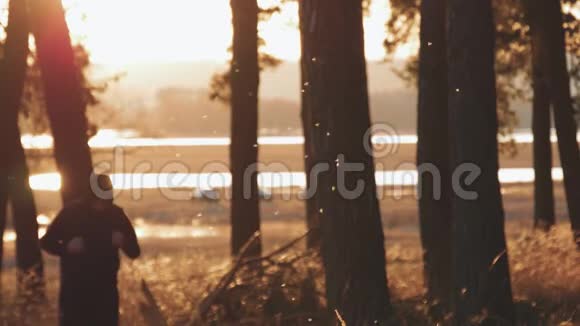 穿着运动服的男子拳击手在秋天的森林里奔跑和踢视频的预览图