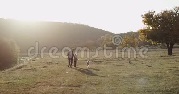 令人惊奇的一天父亲和他的儿子在湖边和他们美丽的哈士奇狗玩耍视频的预览图