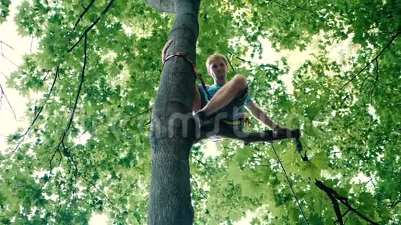 夏天一个年轻人坐在一棵树上长着一根绳子和腰带穿着宽松的衣服视频的预览图
