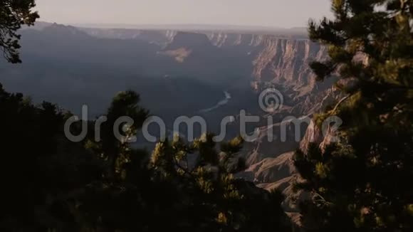 镜头移动在树木后面揭示了壮观的日落山景在史诗般的大峡谷国家公园亚利桑那美国视频的预览图