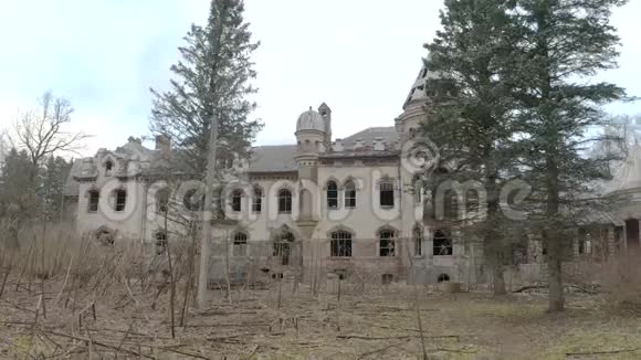 一座被毁的建筑物上的静态框架靠近树视频的预览图