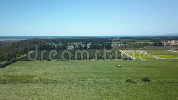 塞浦路斯农业区鸟瞰田野有多汁的草地和树木视频的预览图