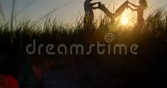 年轻夫妇在海滩上摇动野餐毯的剪影4k视频的预览图