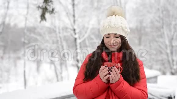 冬季早晨在舒适的雪屋花园喝热茶或咖啡美丽的女孩享受冬季户外活动视频的预览图