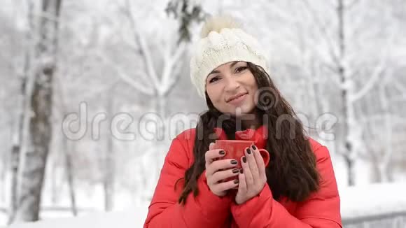 冬季早晨在舒适的雪屋花园喝热茶或咖啡美丽的女孩享受冬季户外活动视频的预览图