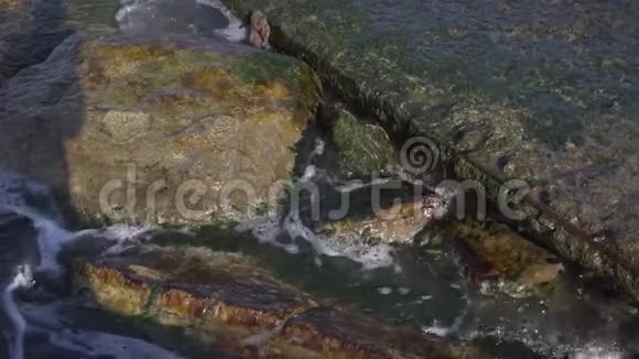海浪或海潮的景色覆盖着岸边潮湿的棕色岩石视频的预览图