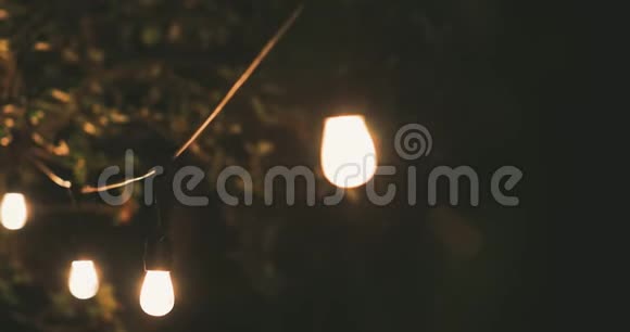情绪照明派对的弦灯在家庭花园的慢风中摆动视频的预览图