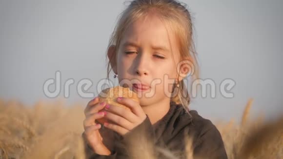 饿孩子在麦田吃面包夏天户外生活方式视频的预览图