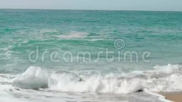 在加泰罗尼亚度假胜地的海滩上一片片肮脏的大海从一天开始视频的预览图
