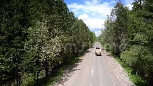 白色汽车沿着灰色的道路行驶在茂密的绿色森林之间视频的预览图