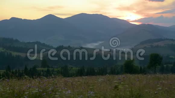 喀尔巴阡山的夏季日落喀尔巴阡山的全景五彩缤纷的天空家园和雾美丽的景色视频的预览图