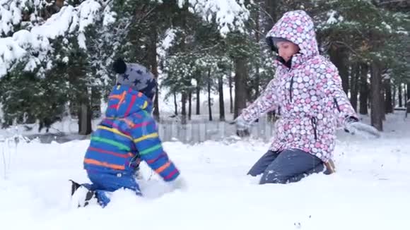 一个快乐的微笑的孩子和他的妈妈在冬天的公园或森林里户外玩雪露营和育儿视频的预览图