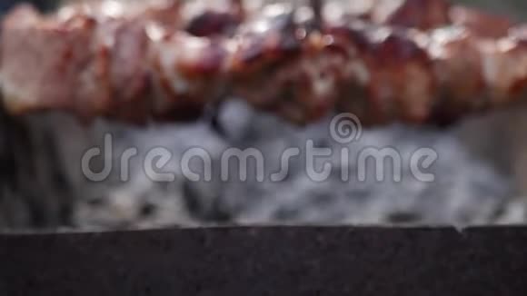 肉串上的肉串上的手持烧烤烤架室外的特写和放大的shashlik视频的预览图