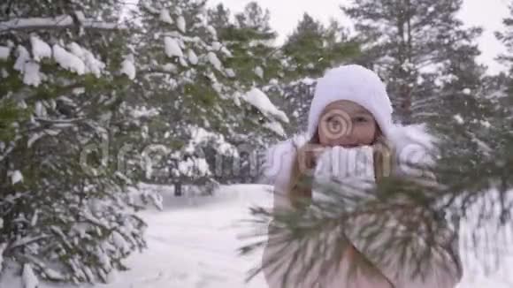 冻僵的少年女孩在冬天的森林里下雪在寒冷的日子里散步视频的预览图