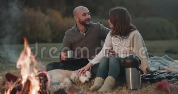 晚上一对有魅力的年轻夫妇和一只漂亮的哈士奇狗在一起度过浪漫共度浪漫时光视频的预览图
