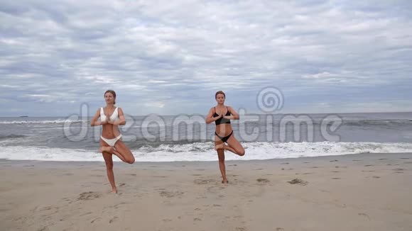 年轻女性在海滩上慢动作练习瑜伽视频的预览图