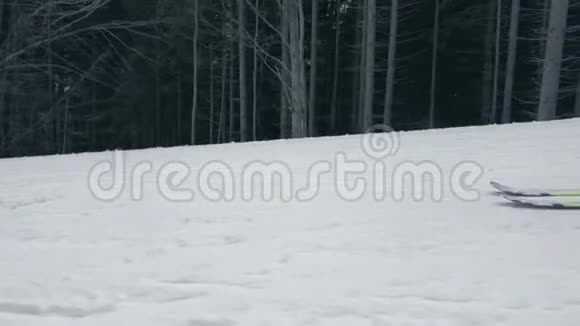 微笑的女人穿着玫瑰色的裤子在斯洛文尼亚的冬天在喀尔巴阡山快速滑雪视频的预览图
