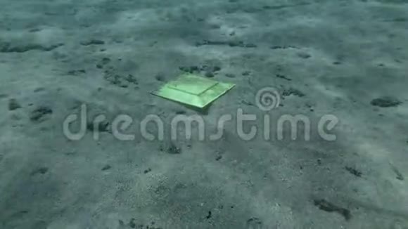 塑料污染方形黄色塑料板位于沙质底部地中海海底的塑料盘子视频的预览图