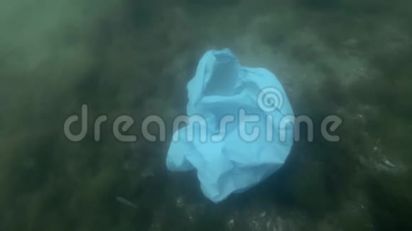塑料污染一个丢弃的塑料袋与藻类漂浮在海底水下射击视频的预览图