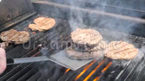 烹饪汉堡和汉堡包火焰烤霍斯珀肉猪肉牛肉羊肉小牛肉和鸡肉片供派对街使用视频的预览图